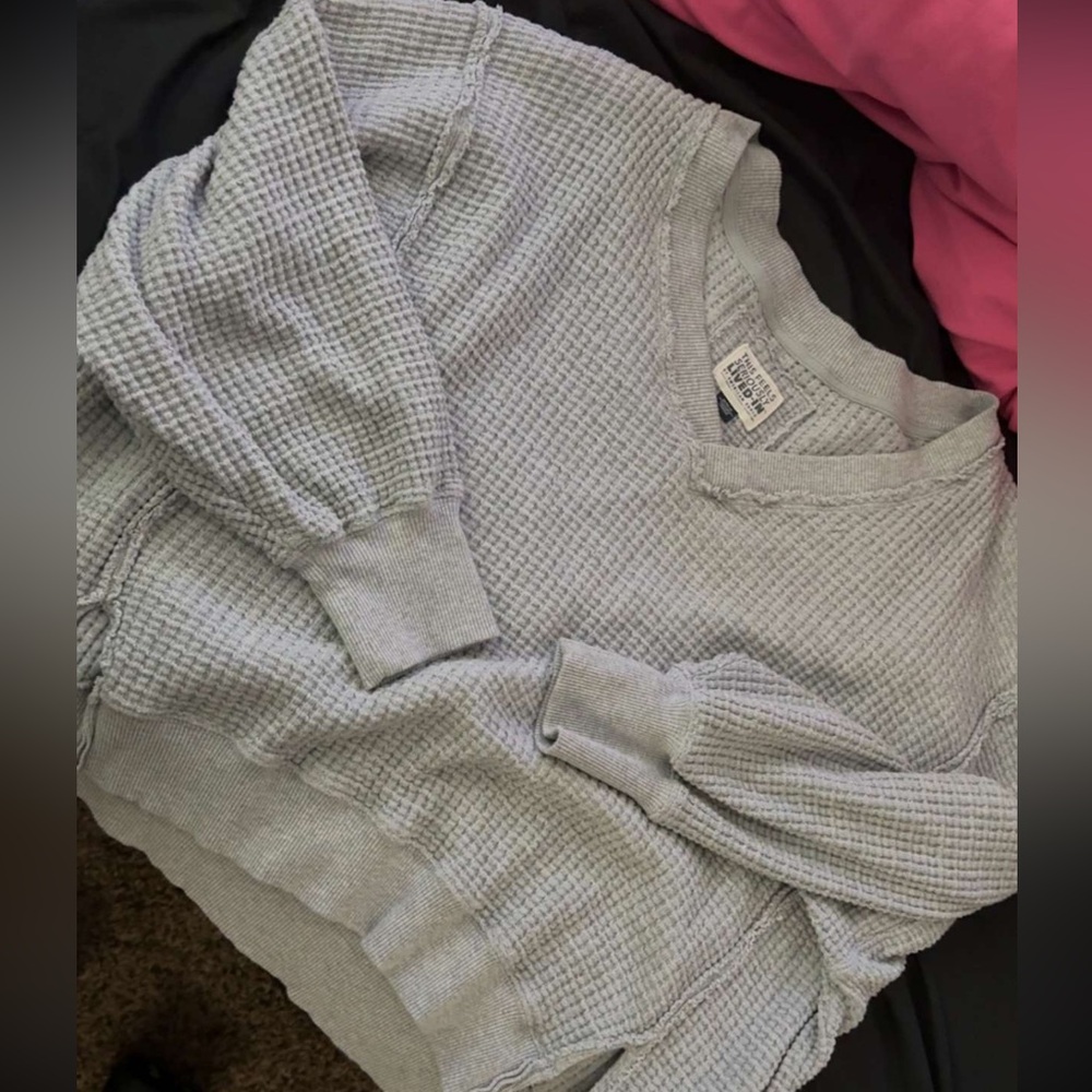 American Eagle Outfitters Light Gray Waffle-Knit Scoop-Neck Sweater